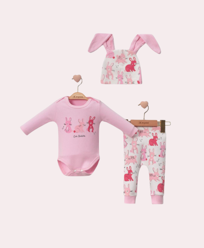 Kız Bebek Takım | Zıbın & Alt & ŞApka | Tavşan Desenli | Pembe | 3 - 18 Ay