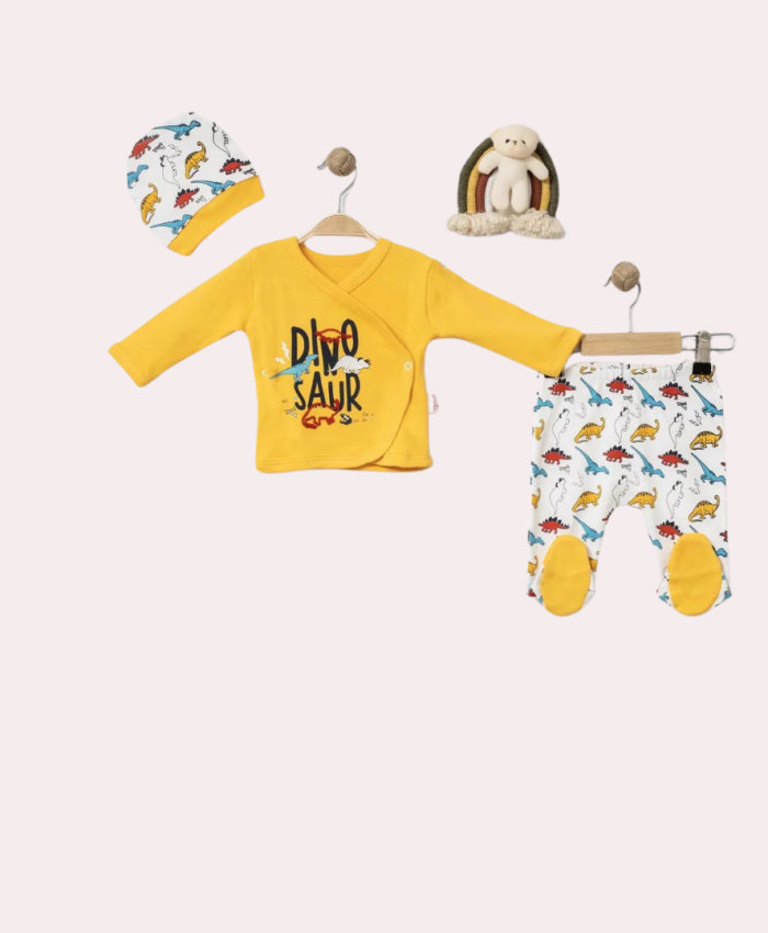 Dinozor Baskılı Bebek Zıbın Takımı - Sarı Renk - 0-3 Ay - Pamuklu Malzemeli - Sevimli Erkek Bebek Giysileri