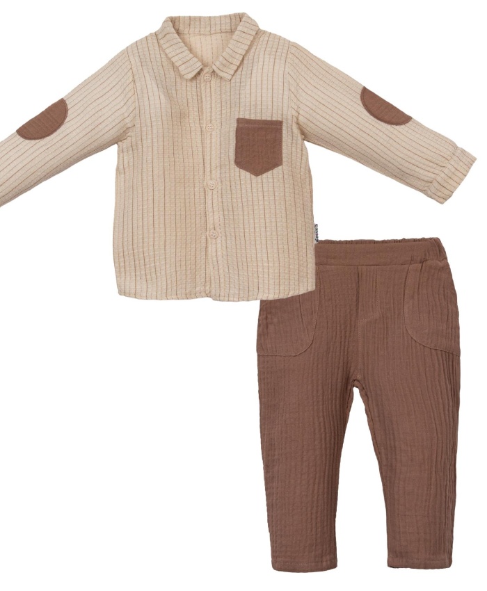 Erkek Müslin Gömlekli 2li Takım - NECİXS Bebek Kıyafetleri, Organik Pamuk, Rahat Kesim, Moda Trendleri, Beyaz ve Mavi Renkler, 0-6 Ay Bedenler, Beşik ve Dışarı Çıkarken Kullanım imkanı