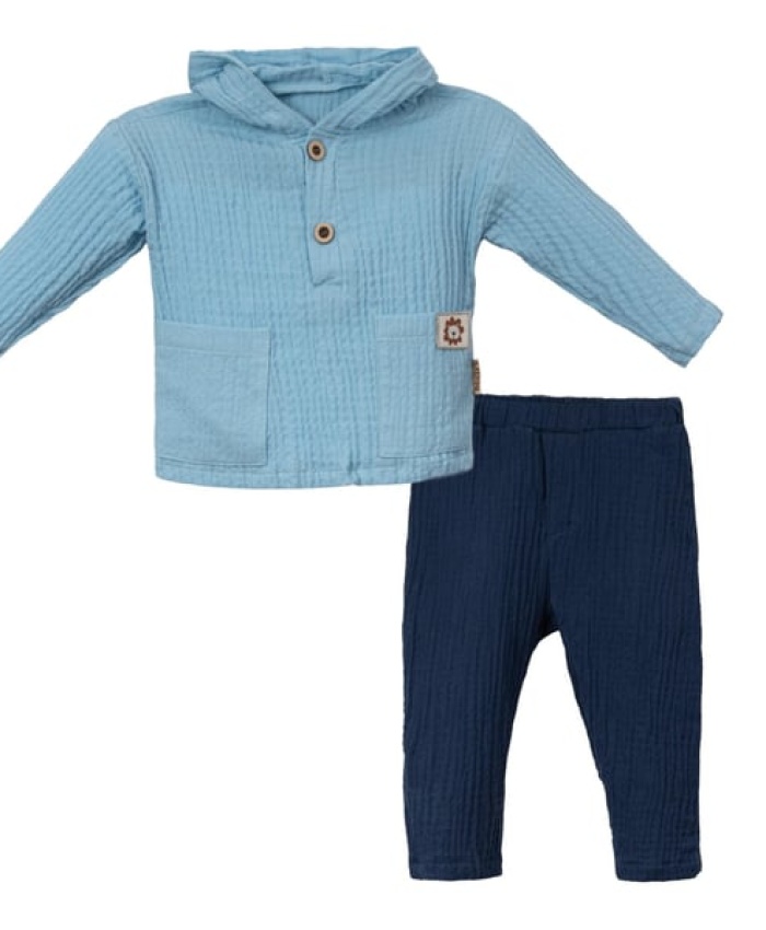 Erkek Bebek Müslin Kapşonlu Cep Detaylı Takım - Açık Mavi Seçenekleriyle Satışta!
