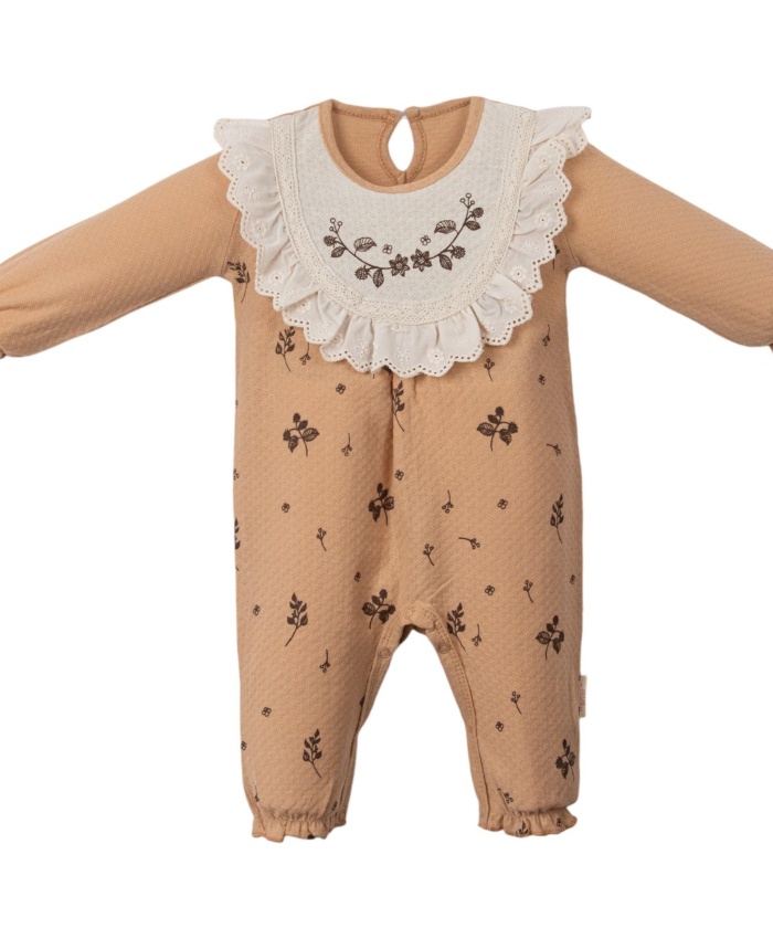 Kız bebek Dantelli Tulum | Kahverengi | 3 - 12 Ay | Desenli | Uzun Kollu