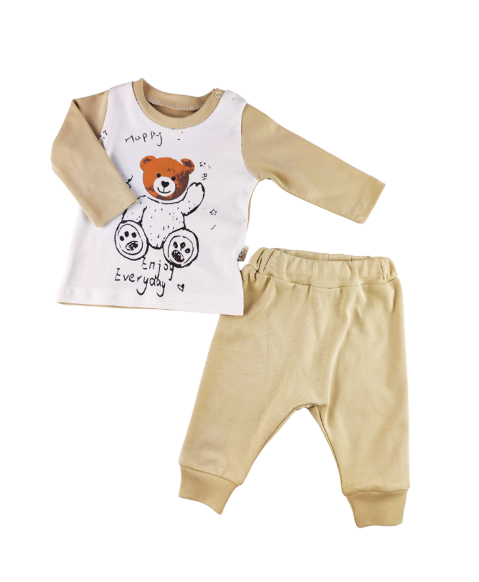Ayıcık Desenli Erkek Bebek Takımı - Krem Renk - 3-6-9 Ay Uyumlu - Pamuklu Kumaşlı