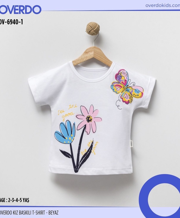 Kız Çocuk T-Shirt | Kelebek Ve Çiçek Baskılı | 2 - 5 Yaş | Beyaz