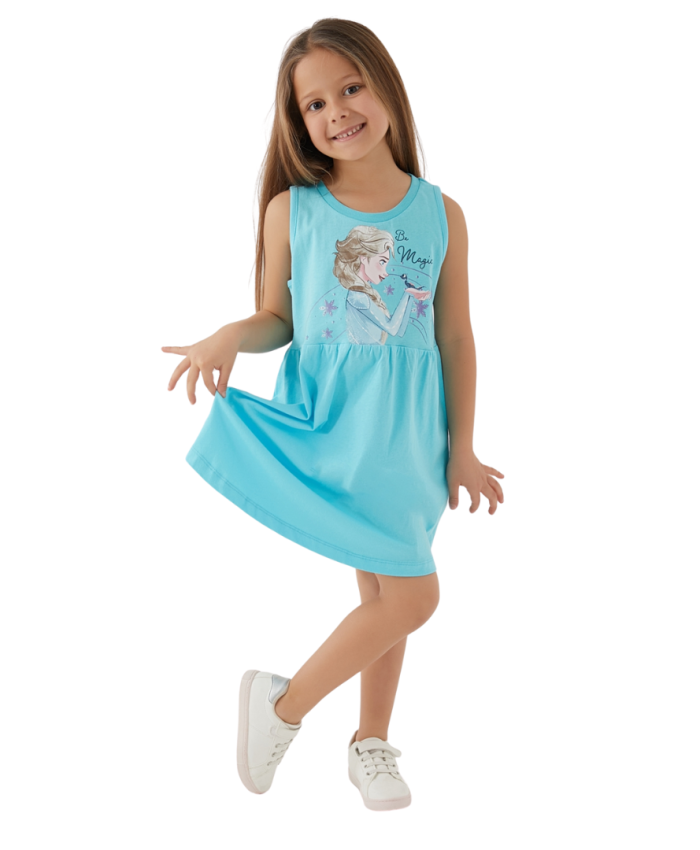 Elsa Baskılı Mavi Kız Çocuk Elbisesi | 3 - 9 Yaş