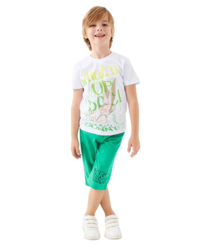 Beyaz Looney Tunes Desenli Erkek Kapri Takım | 3 - 9 Yaş | Yeşil & Beyaz | Tişört & Kapri