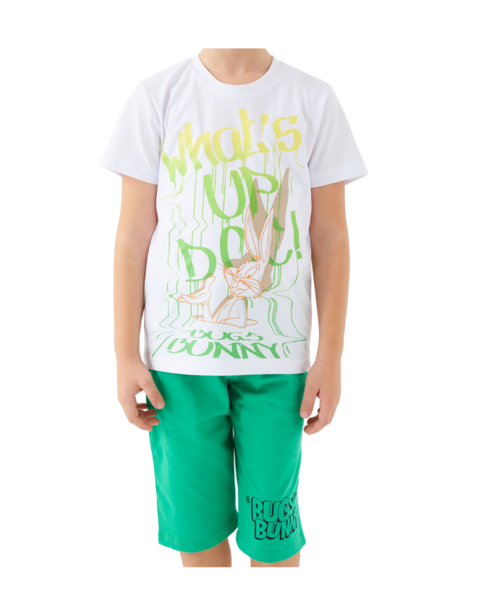 Beyaz Looney Tunes Desenli Erkek Kapri Takım | 3 - 9 Yaş | Yeşil & Beyaz | Tişört & Kapri