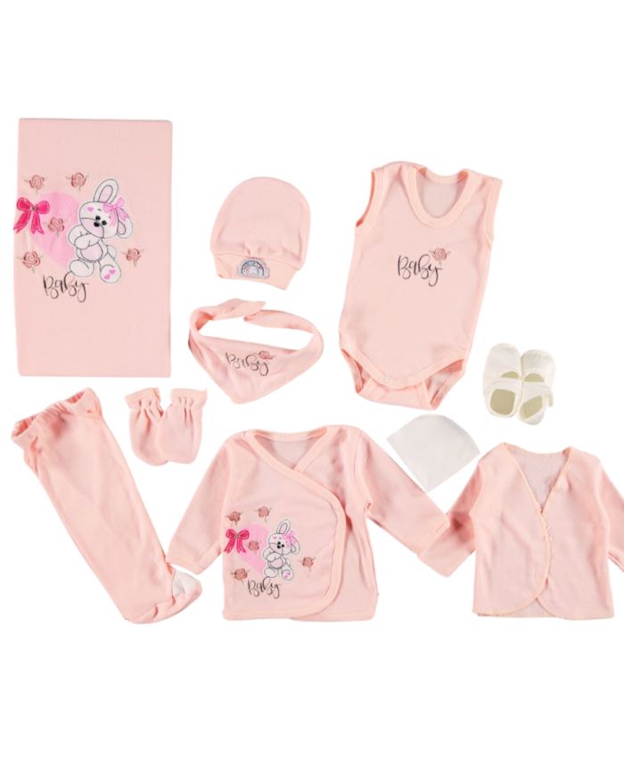 Kız Bebek 10lu Hastane Çıkışı - Pembe - Kalpli Tavşan Desenli Pembe Renk - 10 Lu Paket
