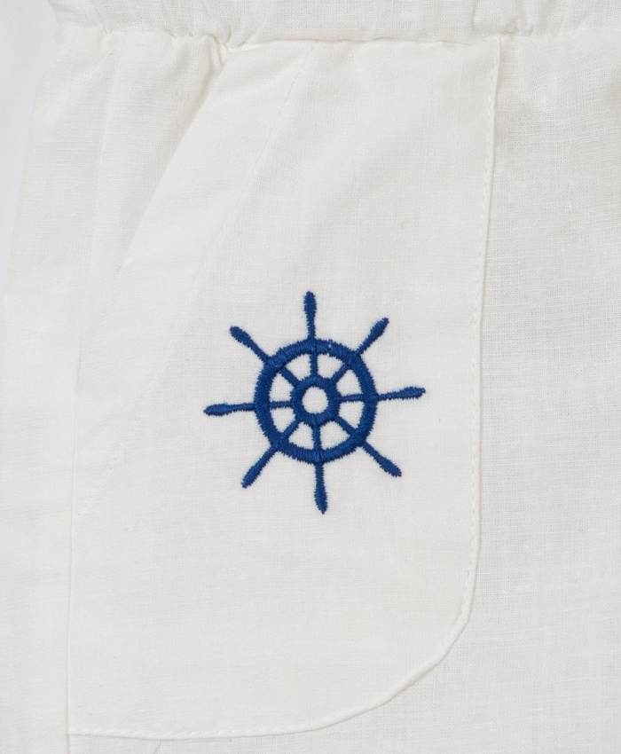 Erkek çocuk gemi nakışlı çizgili gömlek şort2li takım - keten - şortlu - lastikli - mavi- beyaz