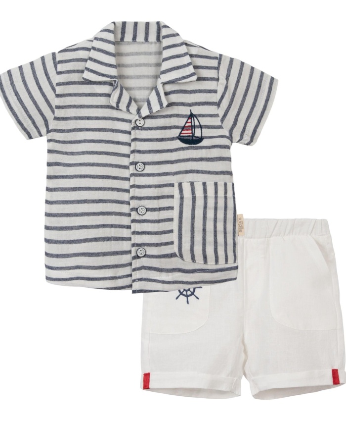 Erkek Çocuk Gemi Nakışlı Çizgili Gömlek Şort2li Takım - Keten - Şortlu - Lastikli - Mavi - Beyaz