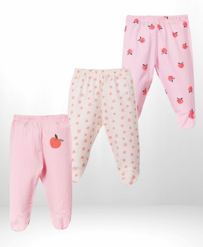 Kız bebek patikli 3lü tek alt -pamuklu- pembe renk-şeftali desenli-kaşkorse-0-3-6 ay