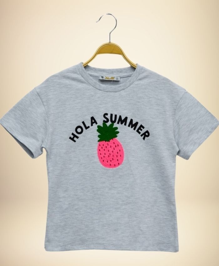 Kız çocuk ananas baskılı hola summer yazılı gri renk tişört - 3-4-5-6-7 yaş