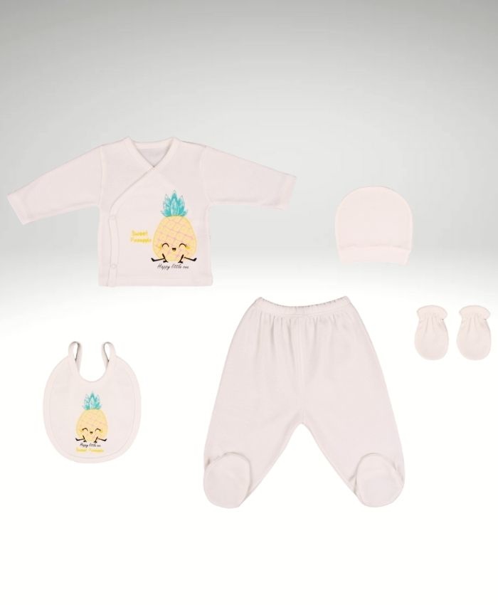 Ananas Desenli Bebek Zıbın Seti - 3 Ay - 5 Parça - Pamuklu ve Yumuşak - Bebek Kıyafetleri