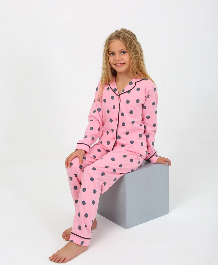Kız çocuk düğmeli puantiyeli uzun kollu pamuklu pijama takımı - 4-15 yaş