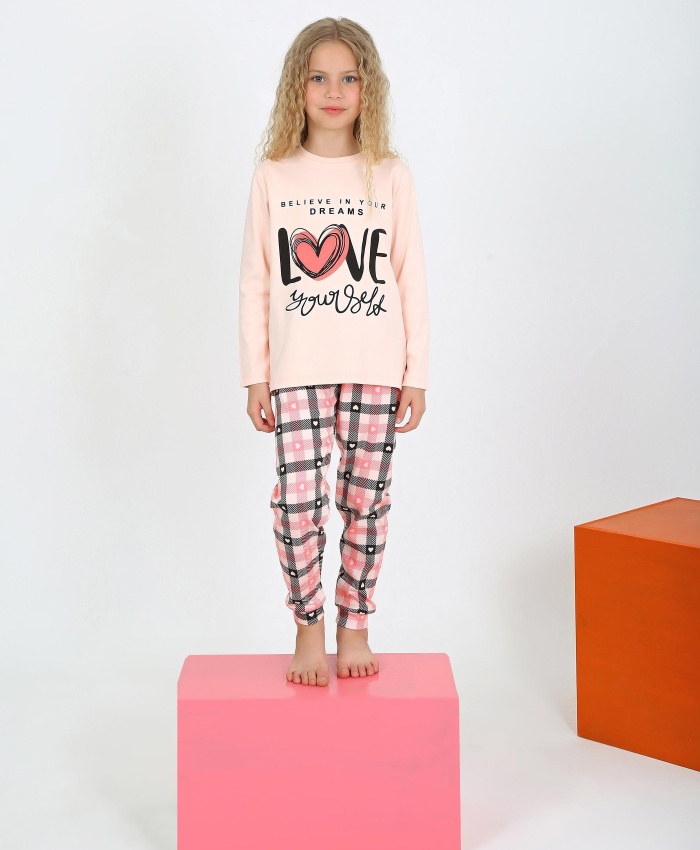Kız çocuk love baskılı uzun kollu pamuklu pijama takımı- 6-15 yaş