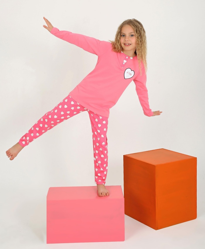 kız çocuk jetaıme kalp baskılı uzun kollu pamuklu pijama tk.