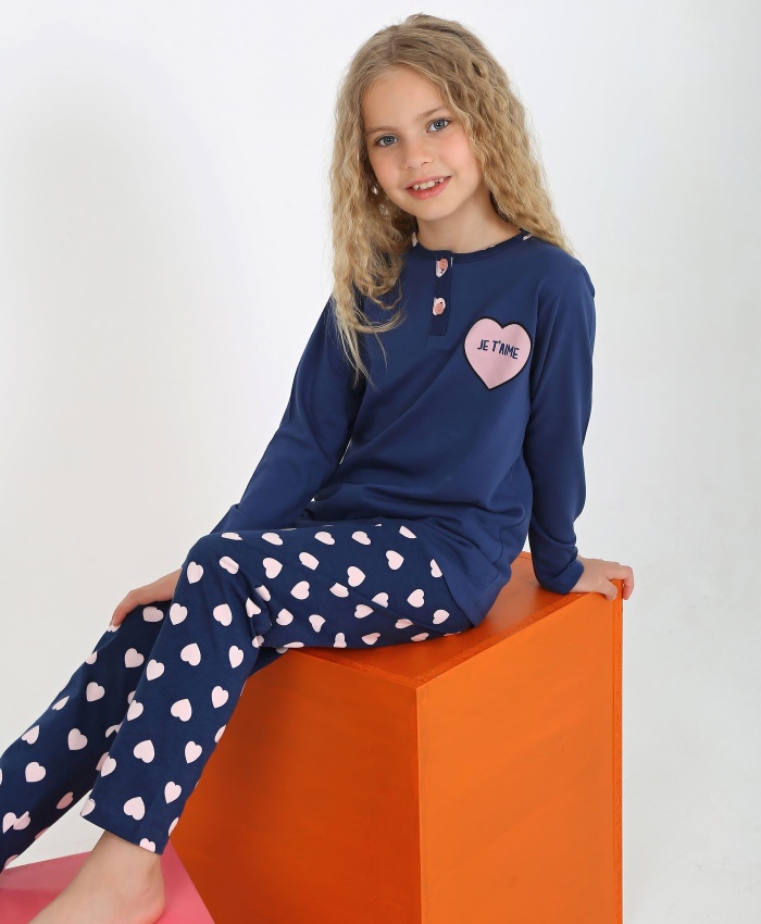 kız çocuk jetaıme kalp baskılı uzun kollu pamuklu pijama tk.