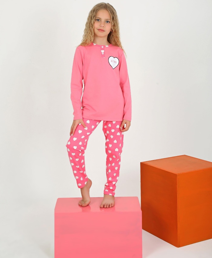 kız çocuk jetaıme kalp baskılı uzun kollu pamuklu pijama tk.