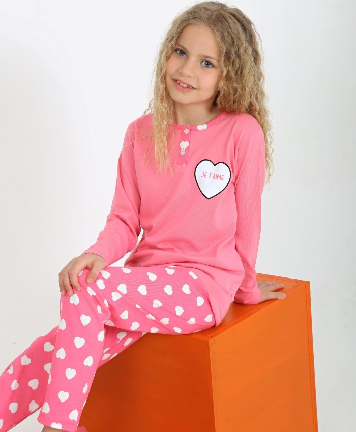 kız çocuk jetaıme kalp baskılı uzun kollu pamuklu pijama tk.