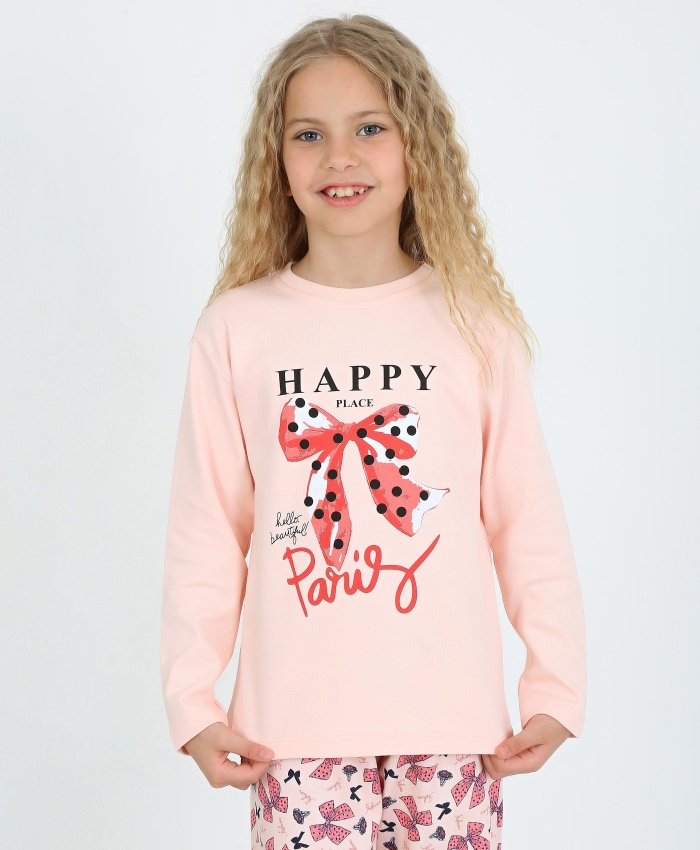 Kız çocuk happy place paris baskılı somon renk uzun kol pijama tk.