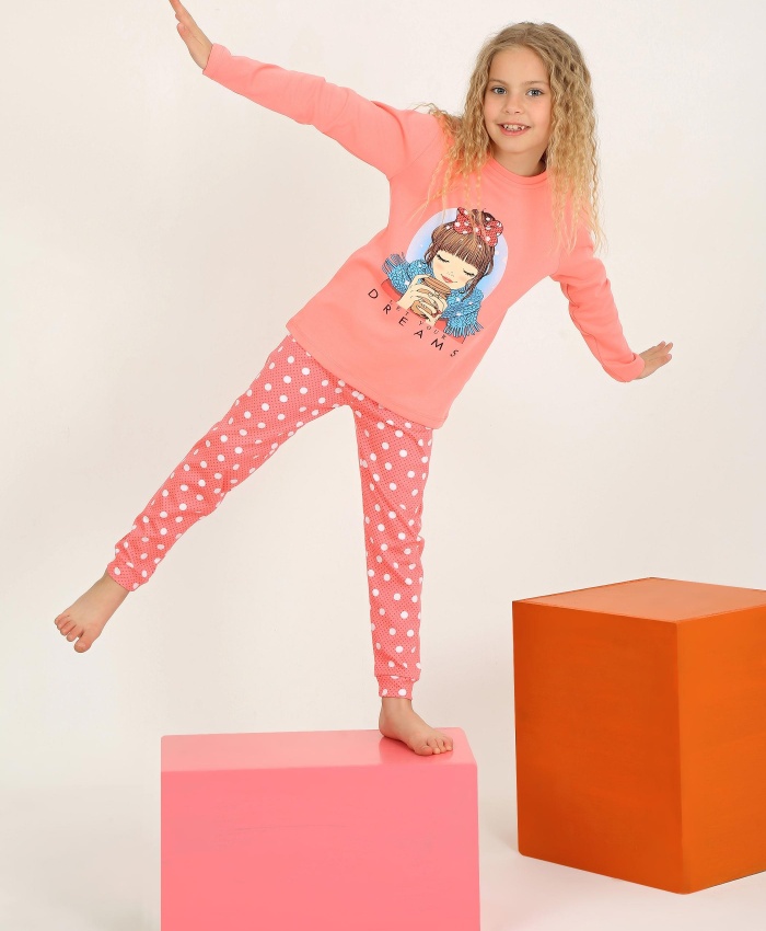 Kız çocuk let your dreams baskılı puantiyeli somon renk pijama tk.