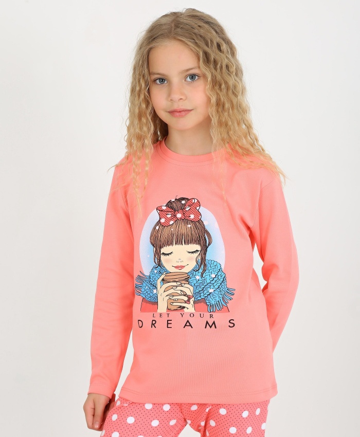 Kız çocuk let your dreams baskılı puantiyeli somon renk pijama tk.