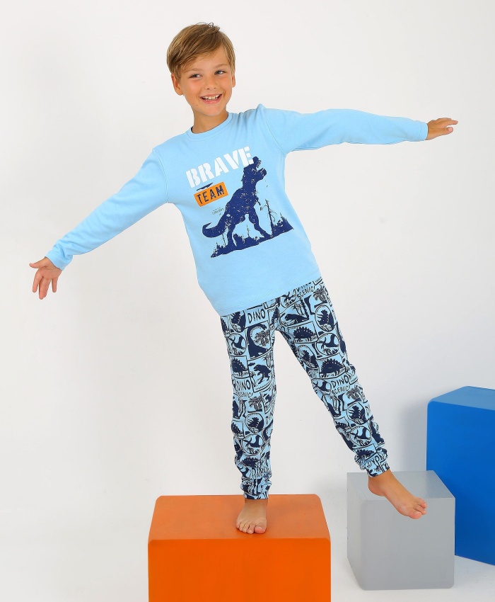 Erkek çocuk brave team yazılı dinazor baskılı mavi renk pijama tk.