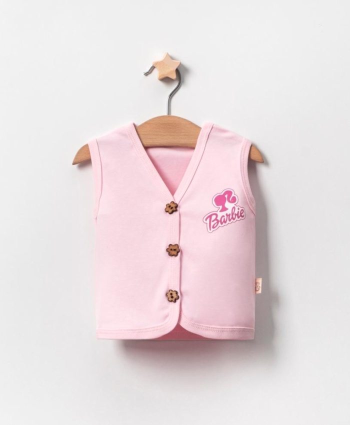 Kız bebek barbie baskılı ahşap düğmeli penye yelek