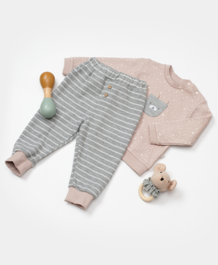 Unisex yıldız baskılı kedicik nakışlı cepli gri renkli çizgili pantolonlu 2li takım