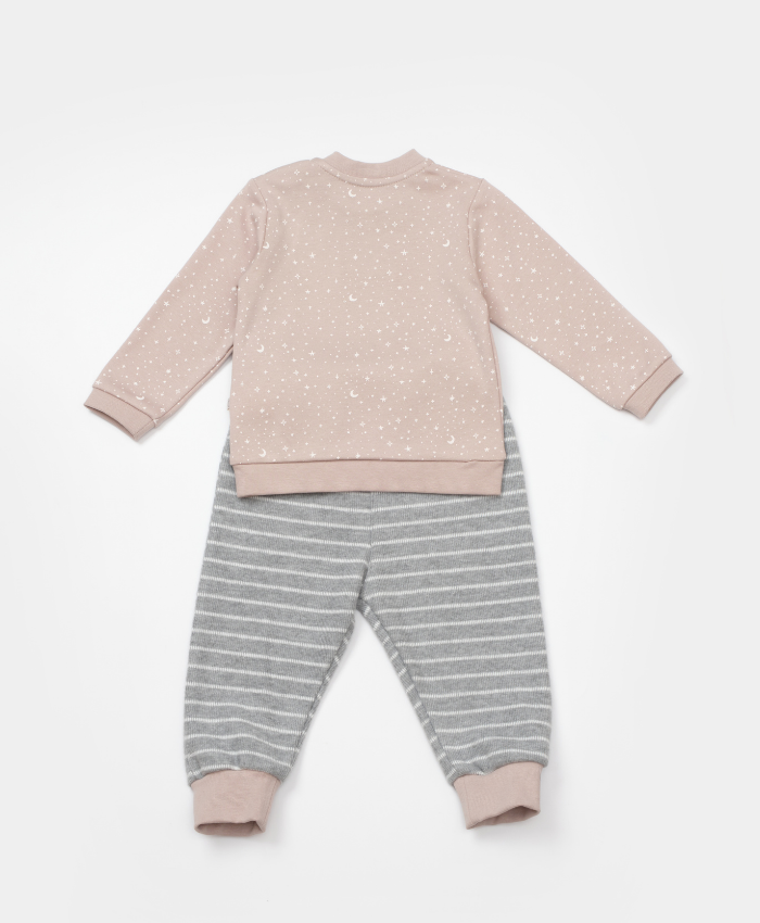 Unisex yıldız baskılı kedicik nakışlı cepli gri renkli çizgili pantolonlu 2li takım