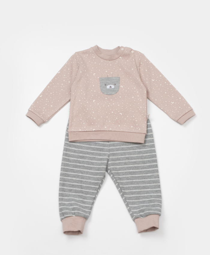 Unisex yıldız baskılı kedicik nakışlı cepli gri renkli çizgili pantolonlu 2li takım