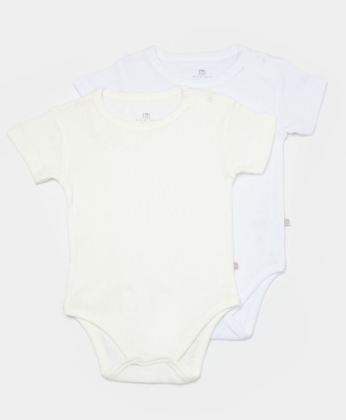 Unisex jakar desenli 2li Yarım Kol Organik Bebek Body - Beyaz/Ekru - 3 - 24 ay