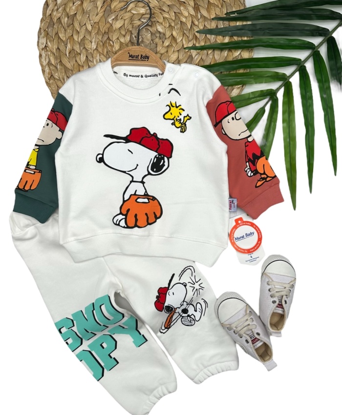 Erkek Bebek snopy baskılı-beyaz renk-uzunkollu-pantolonlu 2li takım
