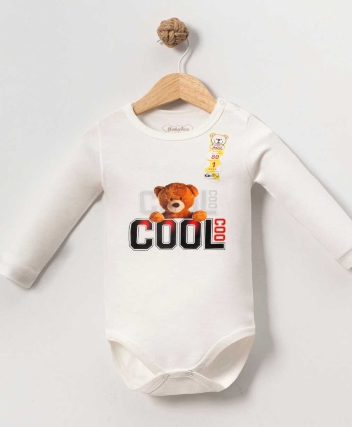 Erkek Bebek ayıcık baskılı-cool yazılı -uzun kollu bady