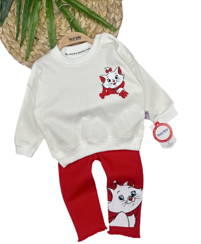 Kız Bebek kedi baskılı -fitilli taytlı-beyaz renk-uzun kollu 2li takım