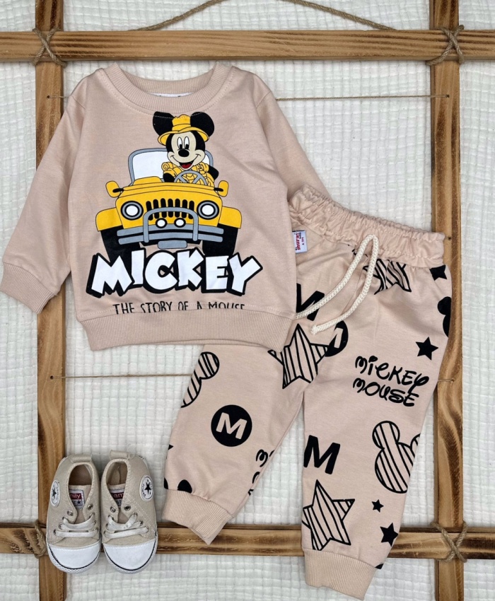 Erkek Bebek mickey baskılı -uzunkol-kahve renk-2li takım