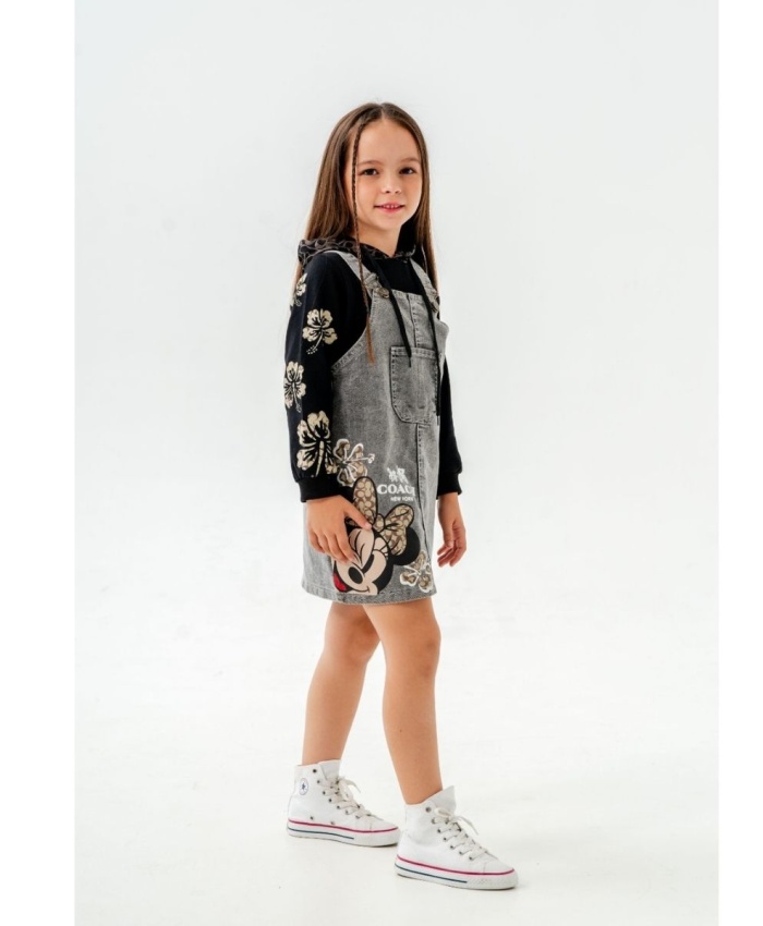 kız çocuk mickey baskılı -siyah renk-kot elbise-kapşonlu-uzunkol-kol-siyah renk sweatshirt-2li elbise tk.