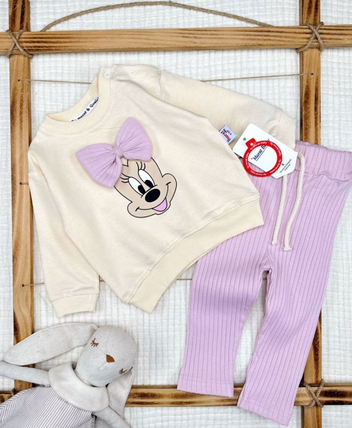 Kız Bebek minnie baskılı ön kısmı fiyonk detaylı -fitlli taylı 2li takım