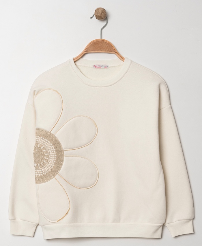 Kız çocuk örgü papatyalı 3ip krem renk sweatshirt