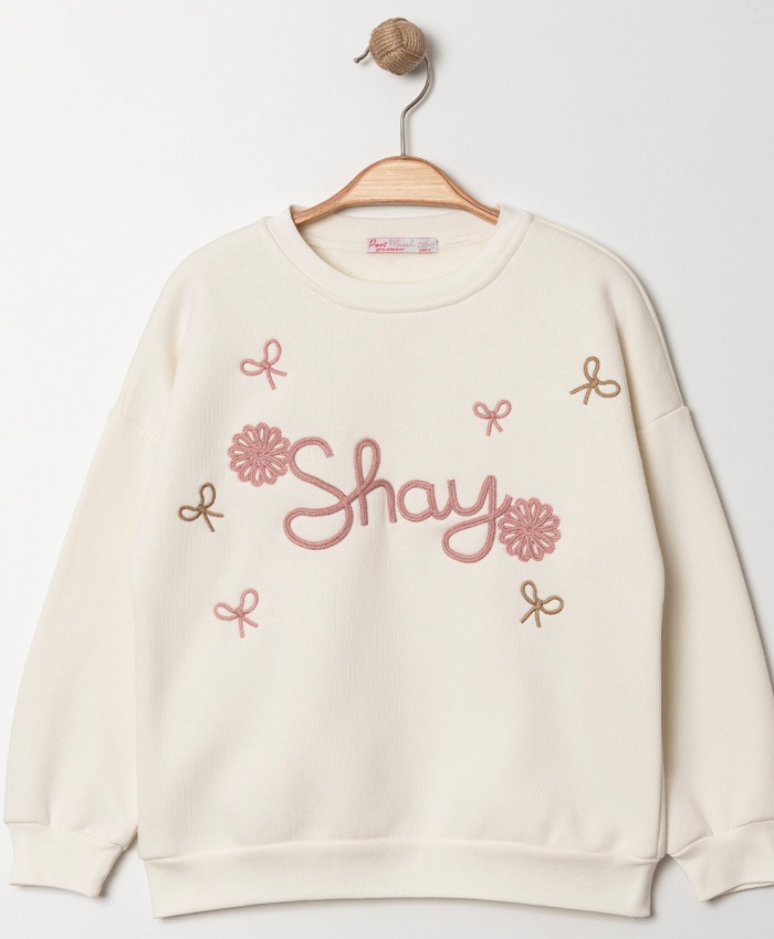 Kız Çocuk shay nakışlı uzun kol- 3ip- yeşil renk sweatshirt