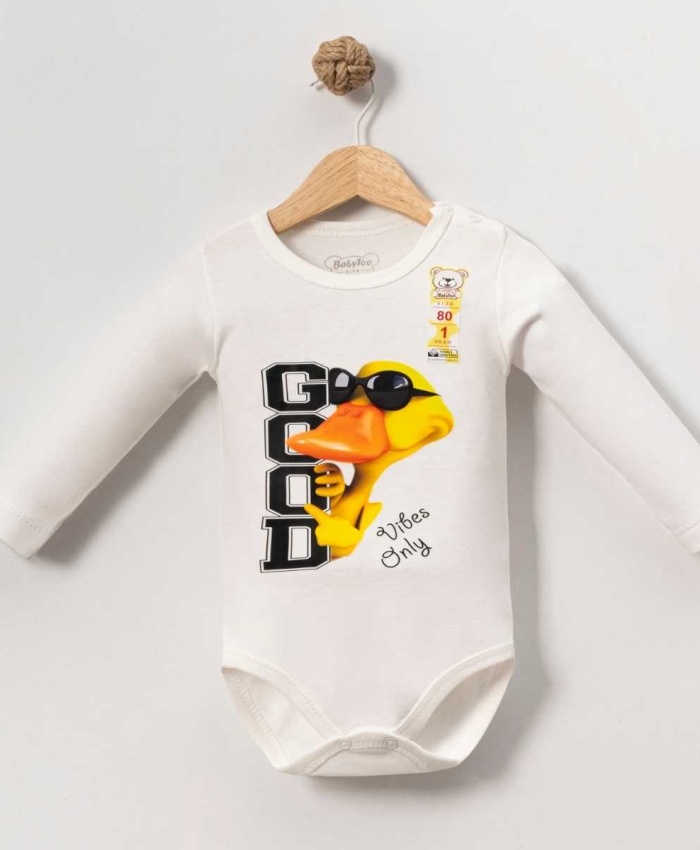 Erkek bebek good yazılı ördek baskılı uzun kol pamuklu  çıtçıtlı bady
