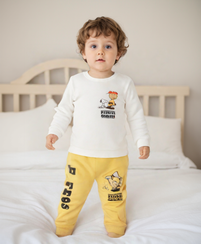 Erkek Bebek Kışlık Sarı Kumaş Alt Üst Takım - 9 - 12 - 18 Ay - Pamuklu, İkili Takım