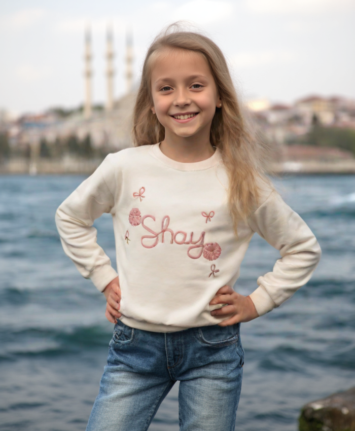 Kız Çocuk shay nakışlı uzun kol- 3ip- yeşil renk sweatshirt