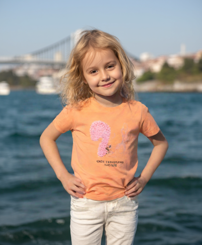 Kız çocuk sincap nakışlı kısa kol turuncu renk tişört - 3 -4 - 5 - 6 - 7 yaş