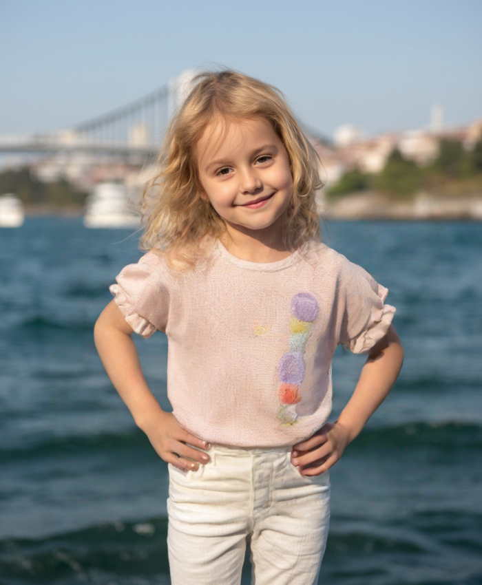 Kız çocuk dondurma baskılı waflle kumaş kolları fırfırlı  somon renk tişört1-2-3-4 yaş