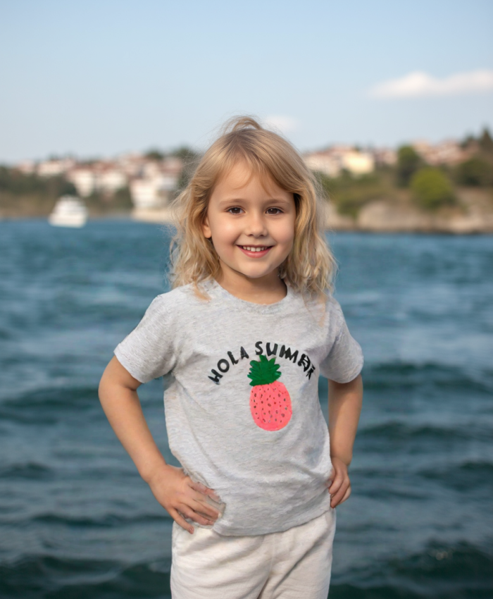 Kız çocuk ananas baskılı hola summer yazılı gri renk tişört - 3-4-5-6-7 yaş