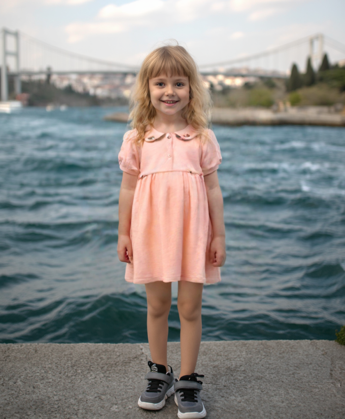 Kız çocuk bebe yaka bel kısmı boncuklu turuncu renk elbise -2 - 3 - 4 -5 yaş
