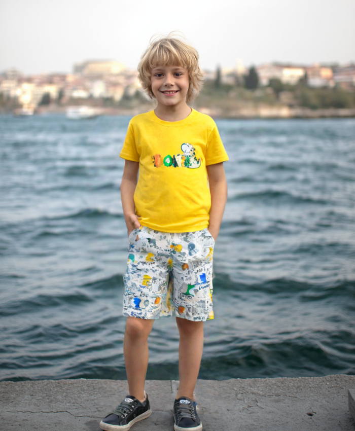Sarı Renk Erkek Çocuk Yazlık Takım | 3 - 6 Yaş | Pijama Takımı | Sarı Tshirt & Beyaz Desenli Şort