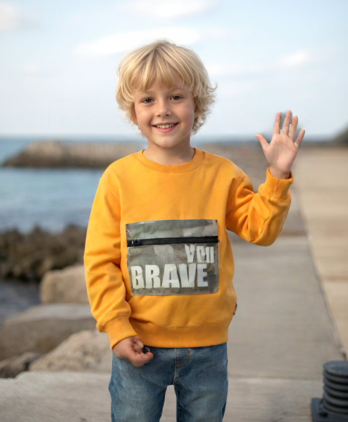 Erkek Çocuk Turuncu Sweatshirt - Uzun Kollu - 1-5 Yaş - Pamuklu ve Fermuarlı Cepli