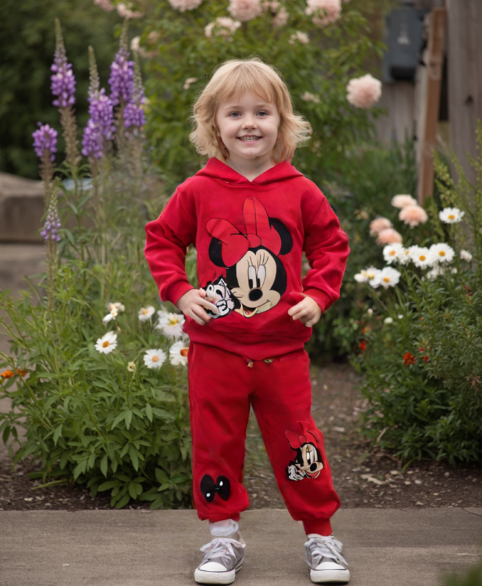 Kız bebek mickey baskılı kapşonlu -kırmızı renk pantolonlu 2li takım