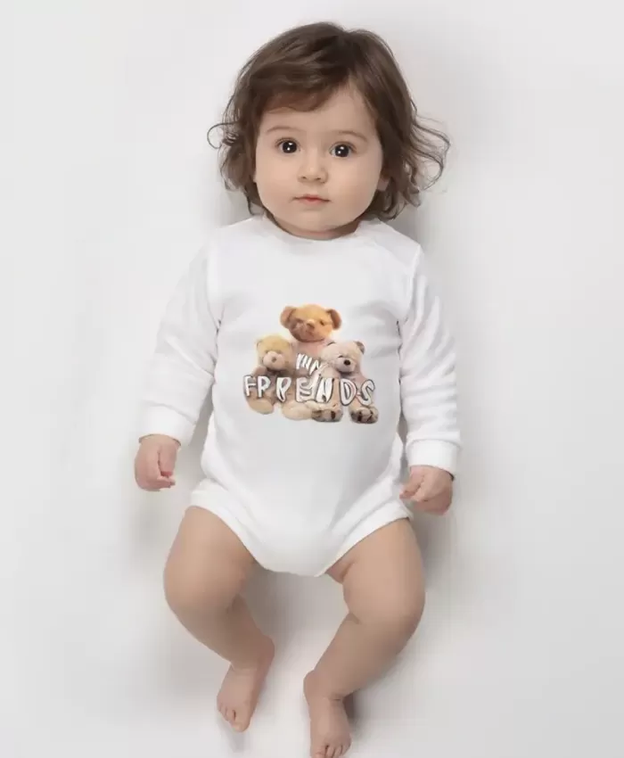 Erkek bebek my friends yazılı ayıcık baskılı uzun kollu pamuklu çıtçıtlı bady